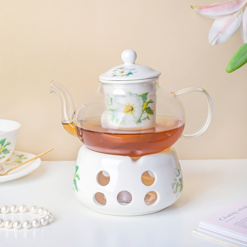Jasmine White Glass Teapot With Warmer Base 700 ml