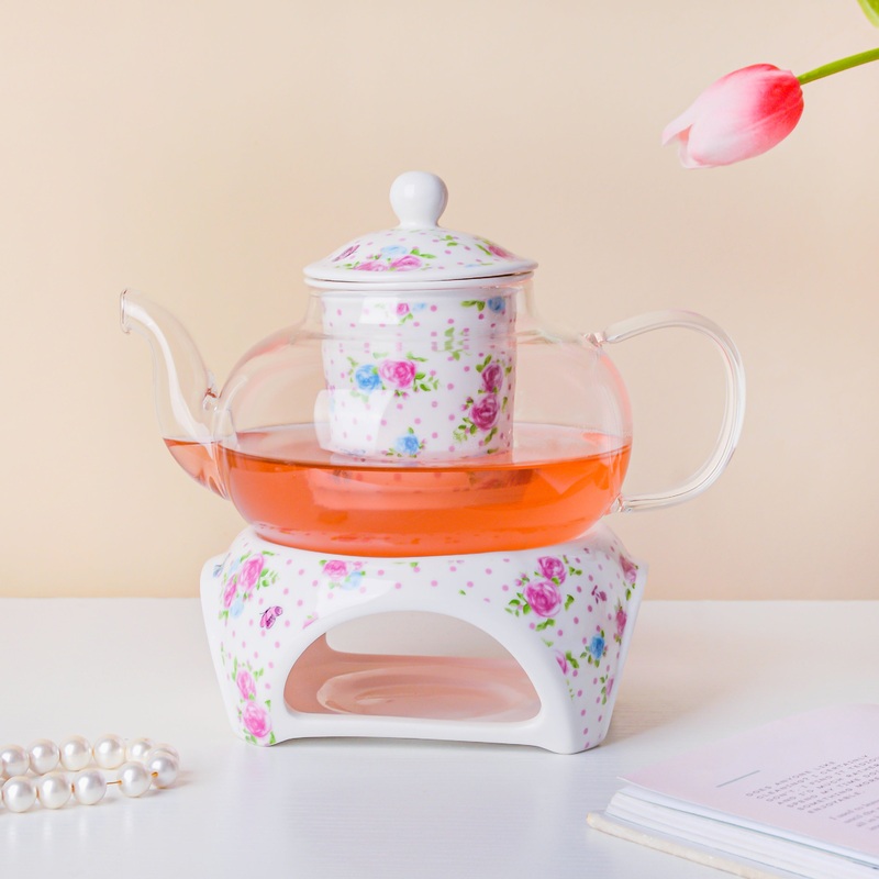 Magnolia Pink And Blue Glass Teapot With Warmer Base 700 ml