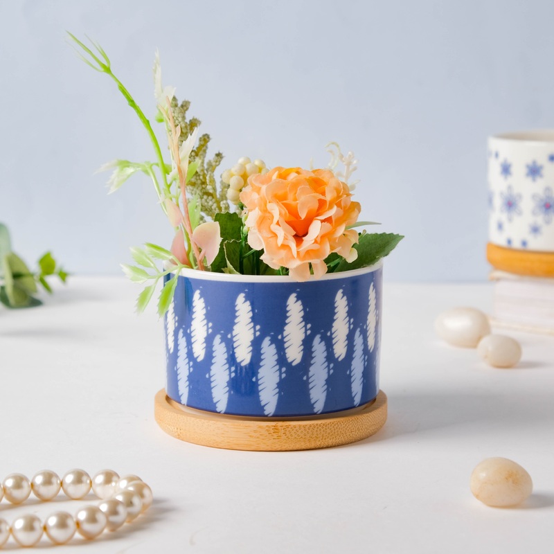 Blue Abstract Japanese Planter And Wooden Coaster