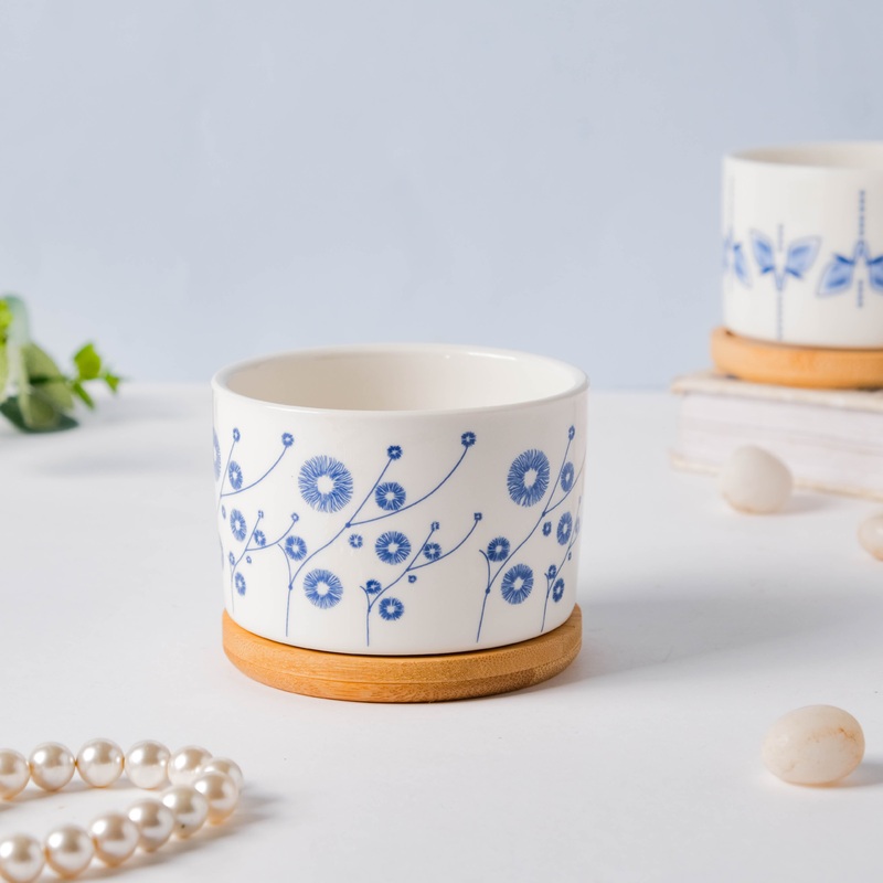 Blue Aster Japanese Planter With Wooden Coaster