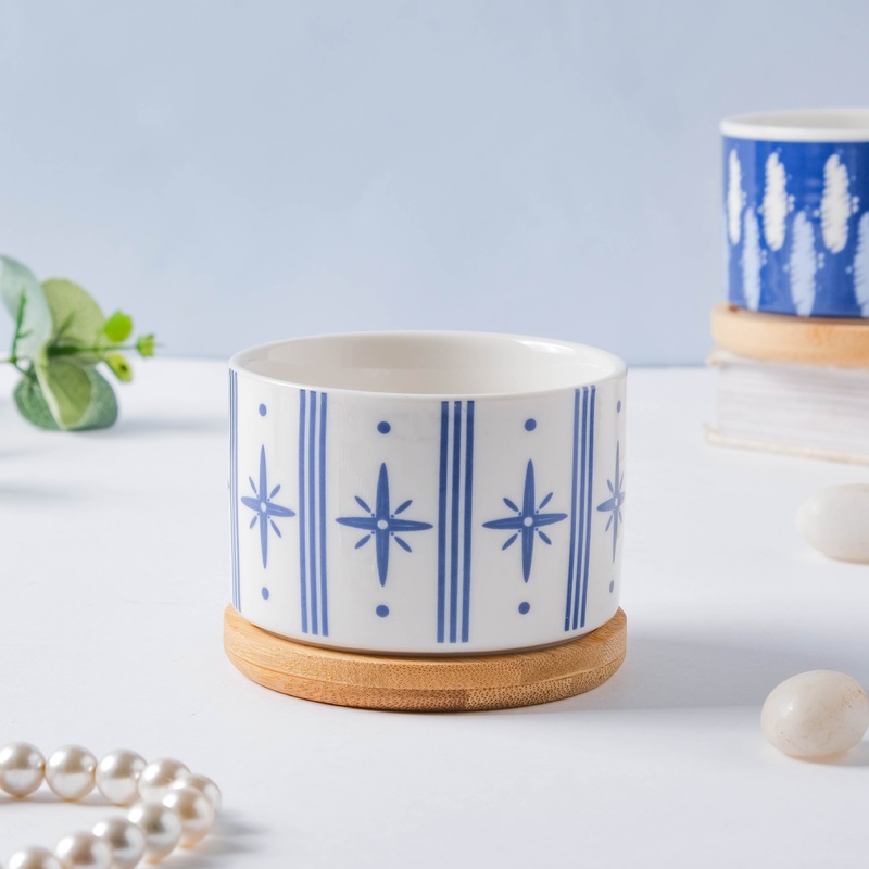 Blue Charm Japanese Planter And Wooden Coaster