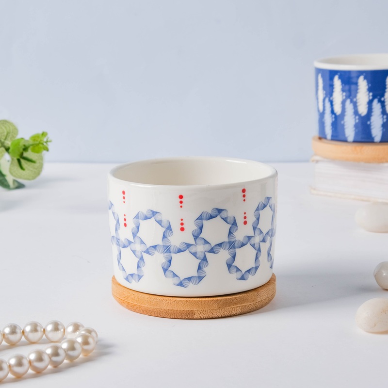 Blue Floral Japanese Planter And Wooden Coaster