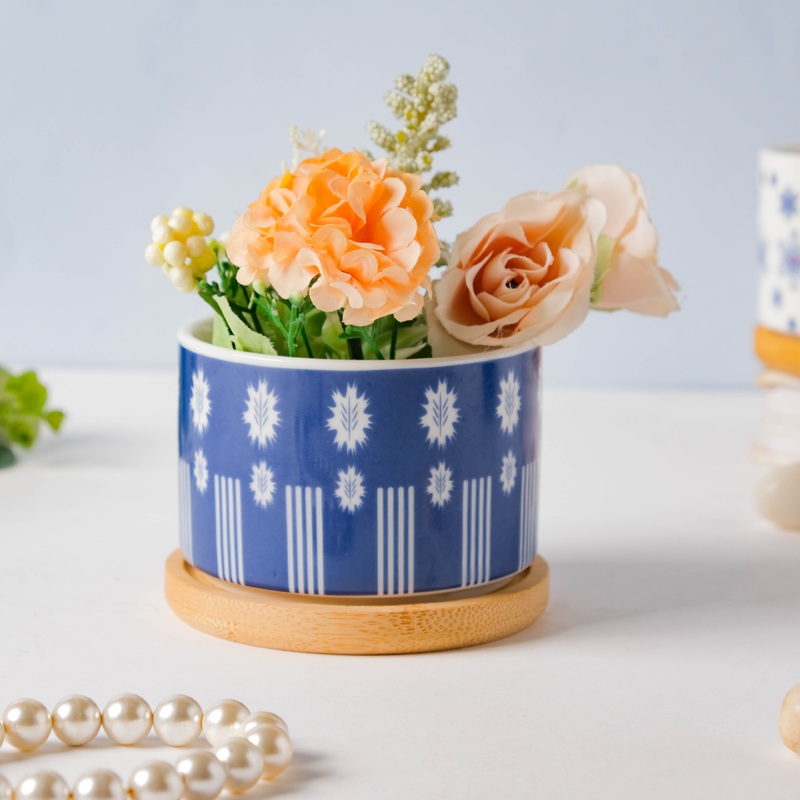 Blue Leaf Japanese Planter And Wooden Coaster