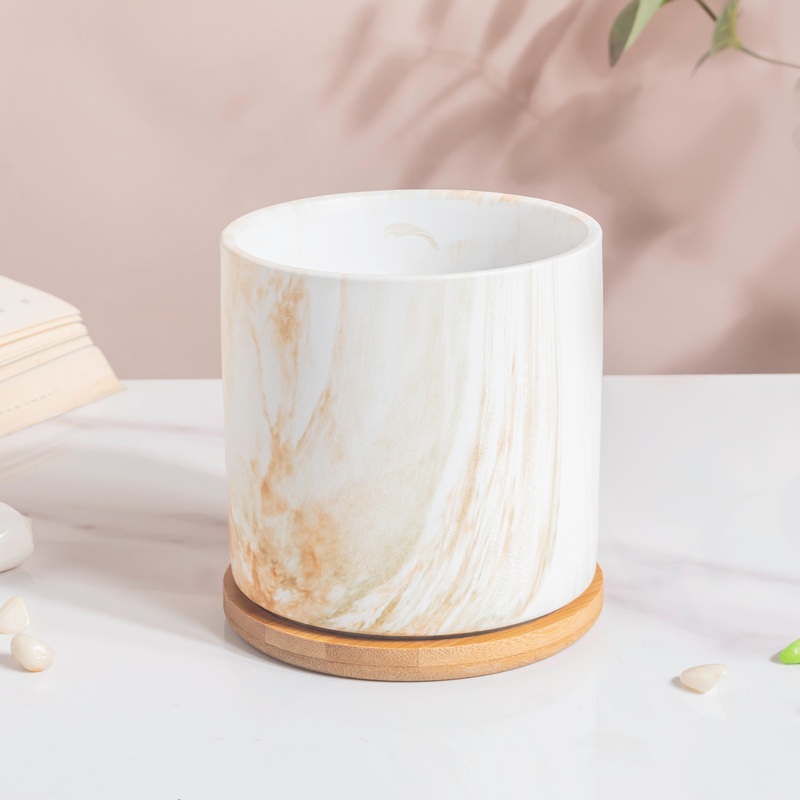 Carrara Brown Splash White Planter With Wooden Coaster