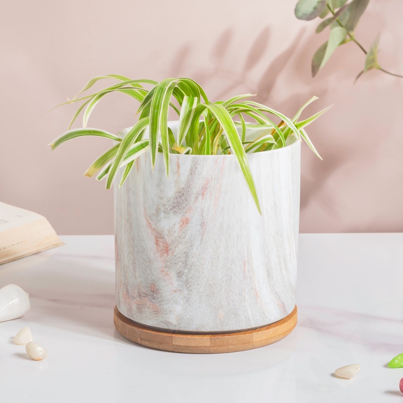 Carrara Ceramic Gold Detailed Planter With Wooden Coaster