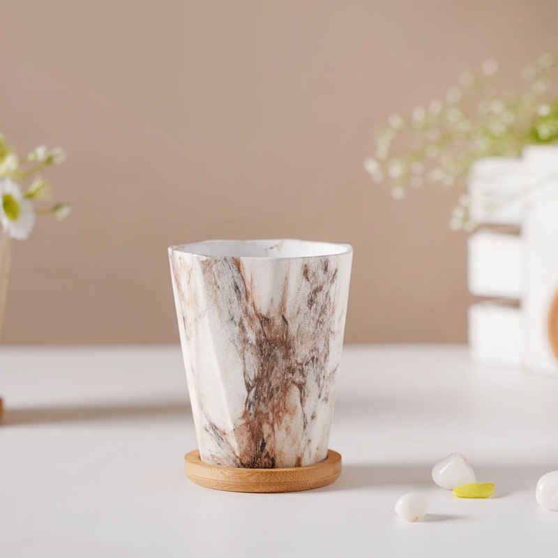 Carrara Marble Brown Planter With Coaster
