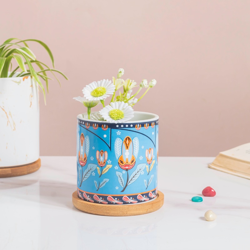 Cerulean Leaf Bloom Planter With Wooden Coaster