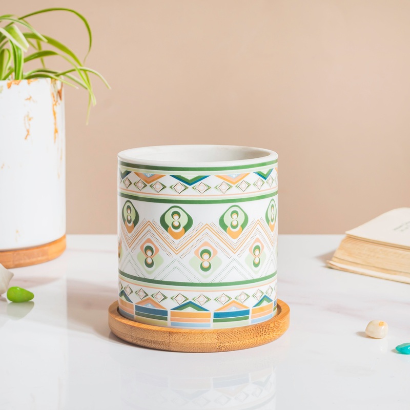 Mandala Print Ceramic Planter Green With Wooden Coaster