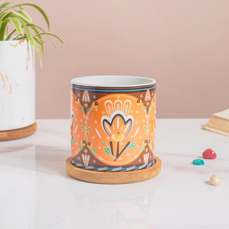 Tawny Tango Bloom Fiesta Botanical Planter With Wooden Coaster