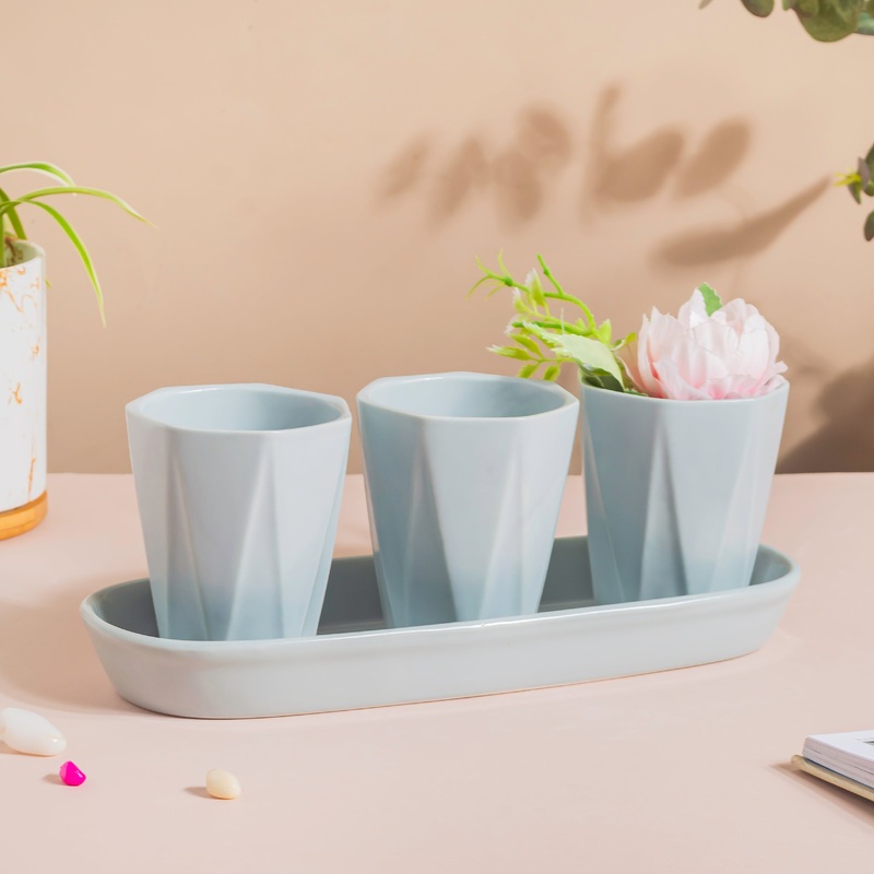 Ternion Textured Planter Set Of 3 With Plate Blue Grey