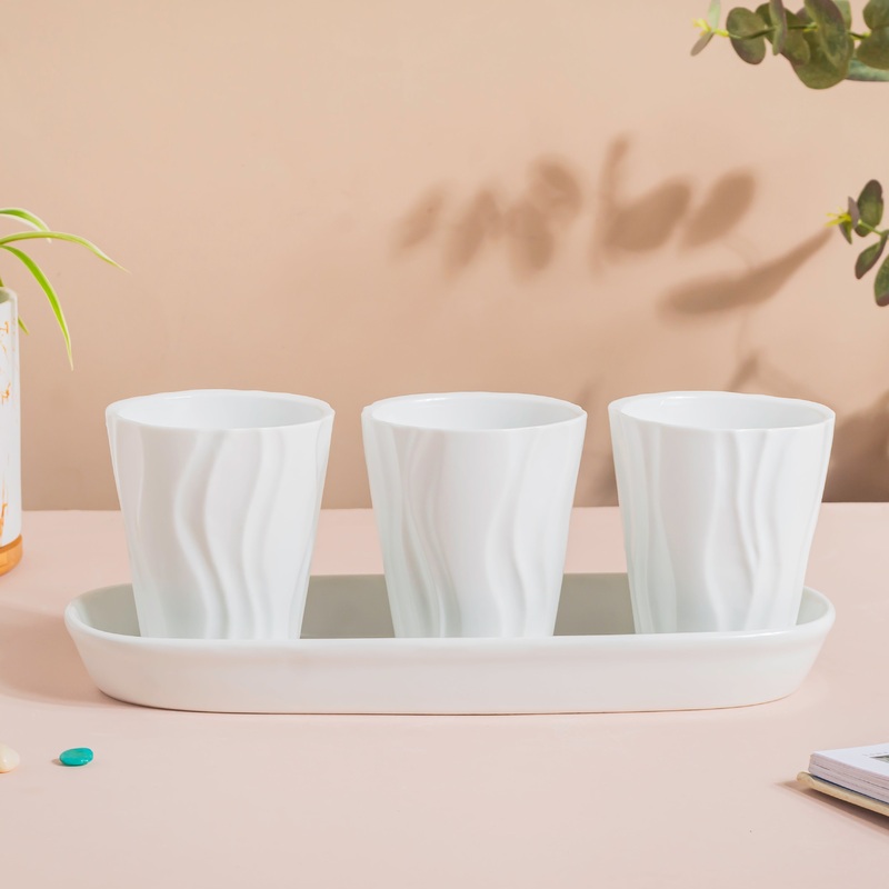Ternion Wavy Textured Planter Set Of 3 With Plate White