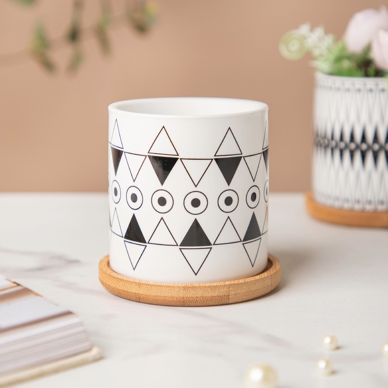 Twyla Enchanting Black White Planter With Wooden Coaster