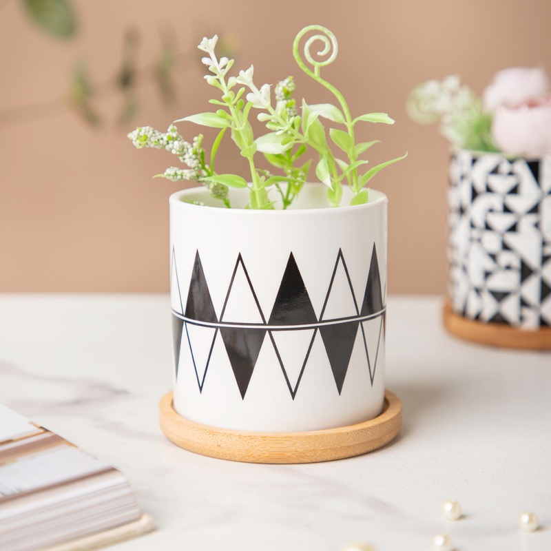 Twyla Triangle Black White Planter With Wooden Coaster