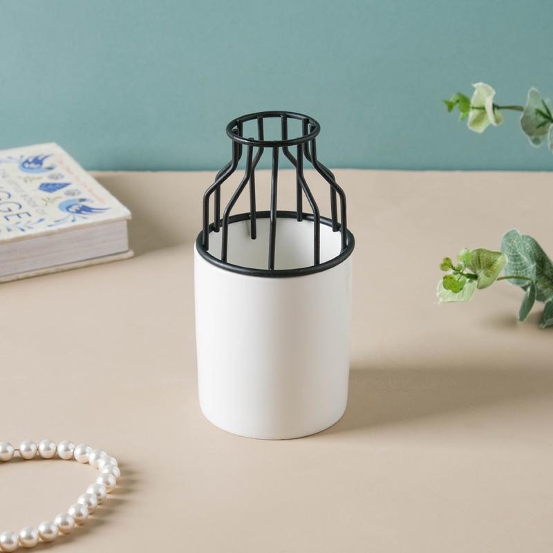 White and Black Planter For Desk