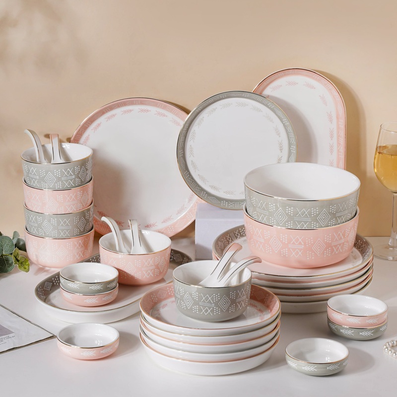 Azo Pink Grey 34 Piece Dinner Set For 6
