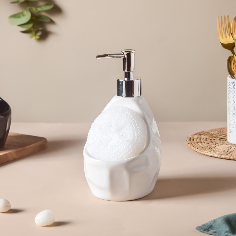 Noelle White Textured Dispenser With Scrubber 450ml