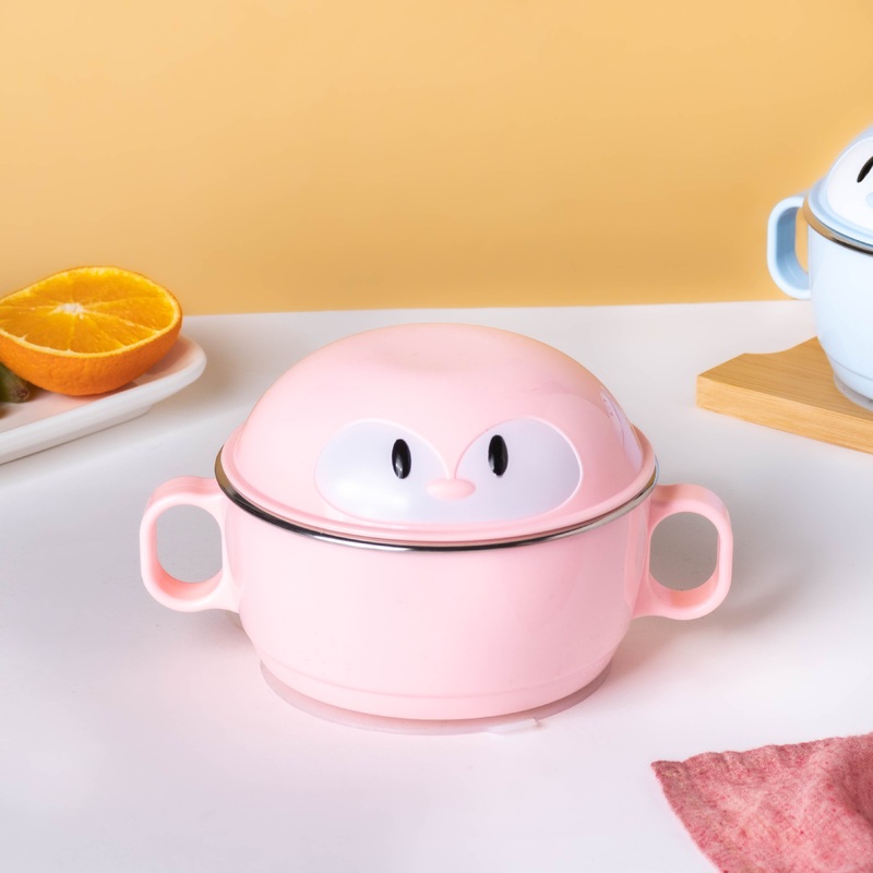 Penguin Feeding Steel Bowl With Anti-Slip Base Pink 400 ml