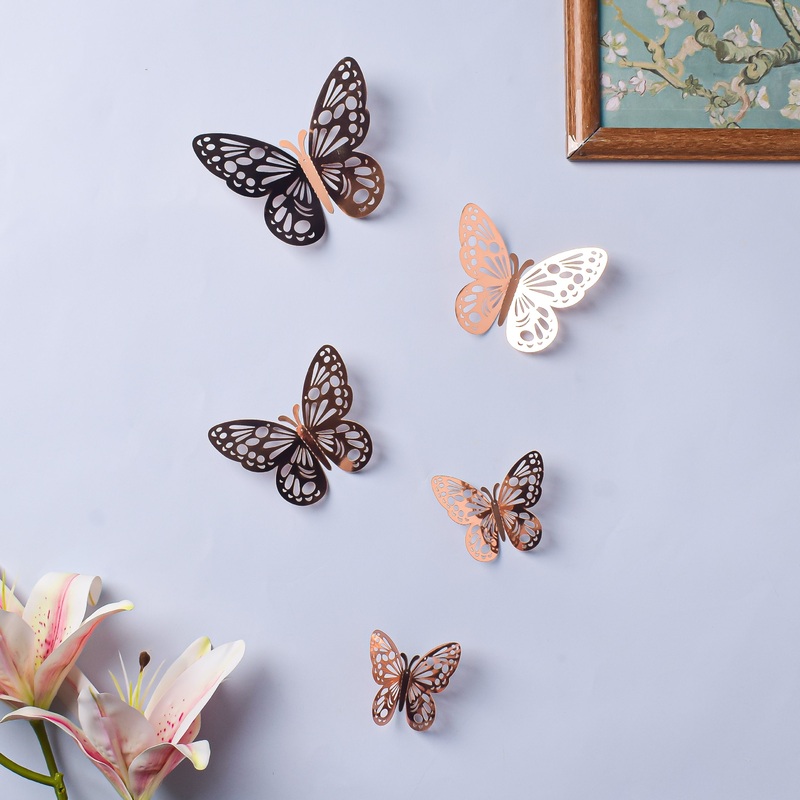 Rose Gold Foil Butterfly 3D Wall Stickers Set Of 12