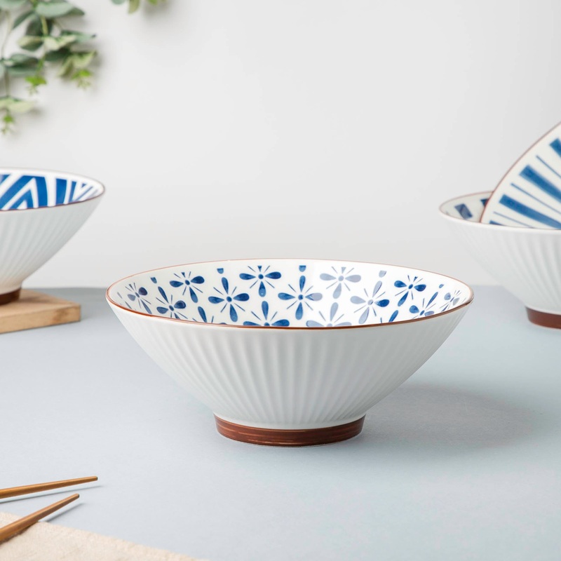 Umai Autumn Floral Ceramic Ramen Bowl Blue And White 900 ml