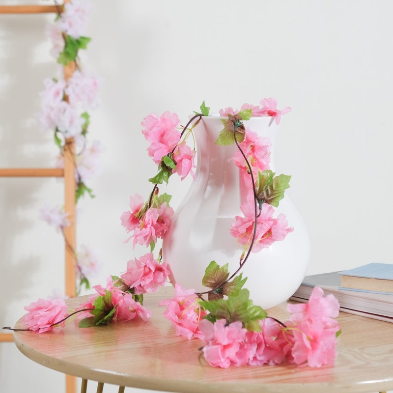 Artificial Sakura Blossoms And Leaves Vine Crimson