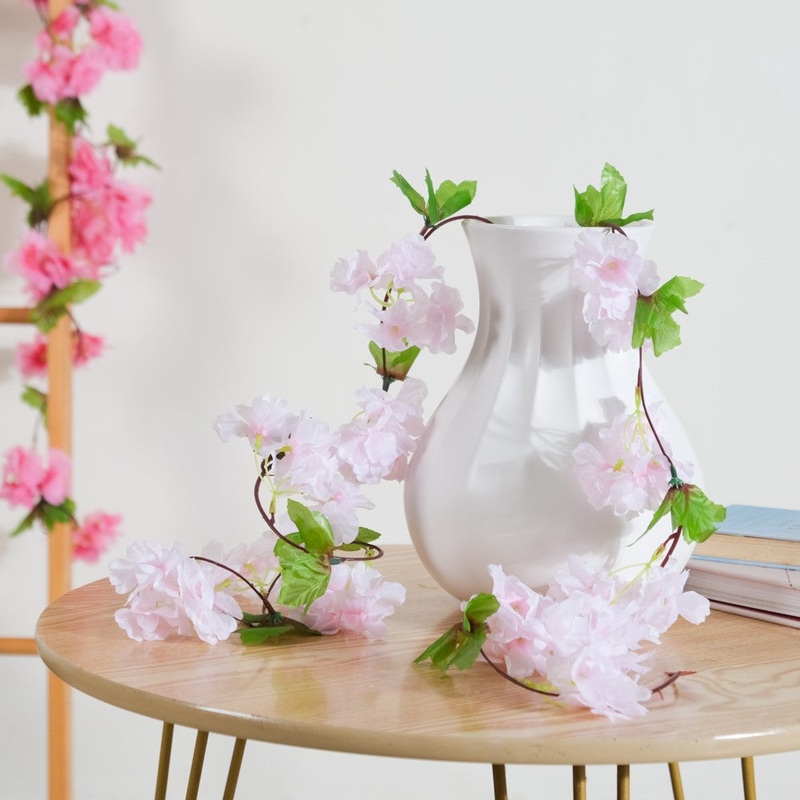 Artificial Sakura Blossoms And Leaves Vine Pink