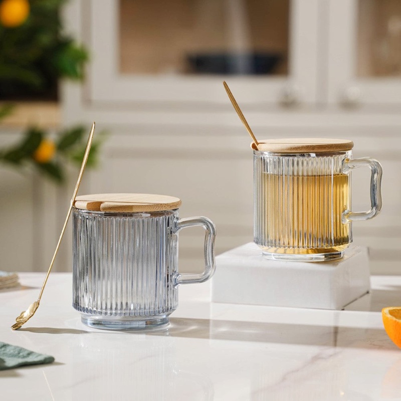 Aurora Ribbed Grey Glass Mug With Lid And Spoon Set Of 2 350 ml