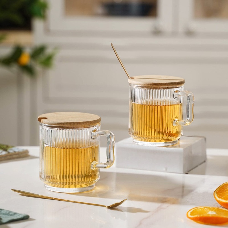 Aurora Transparent Glass Mug With Lid And Spoon Set Of 2 350 ml
