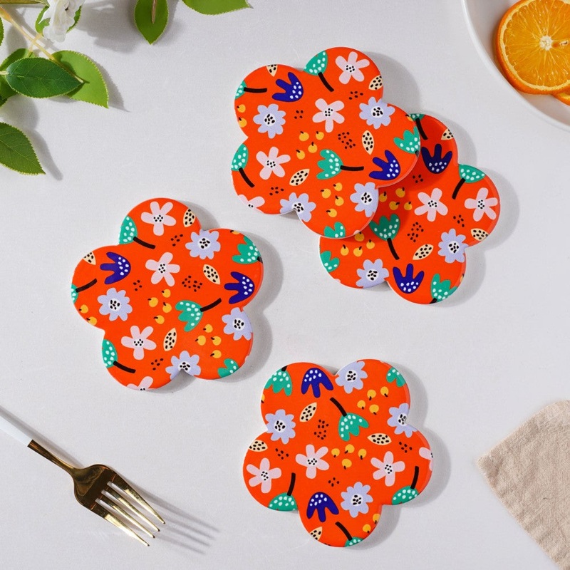 Autumn Orange Flower Glossy Ceramic Coaster Set Of 4