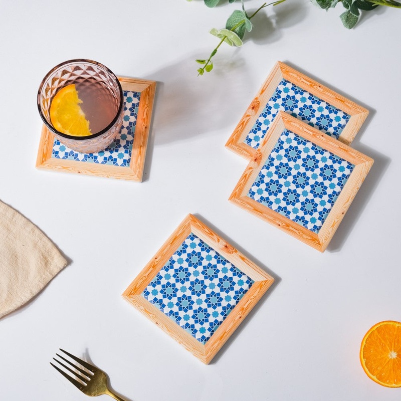 Blue Square Zellij Art Ceramic Coaster Set Of 4