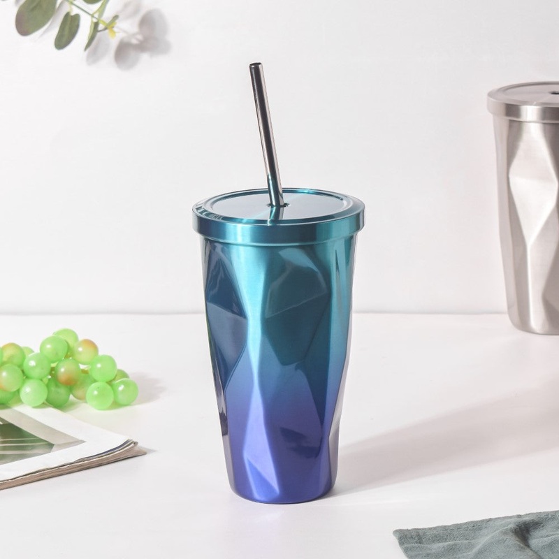 Double Walled Ombre Tumbler With Straw Blue 500ml