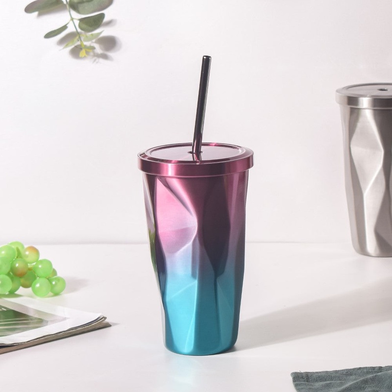 Double Walled Ombre Tumbler With Straw Purple 500ml