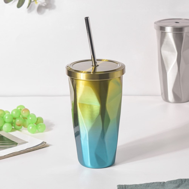 Double Walled Ombre Tumbler With Straw Yellow 500ml