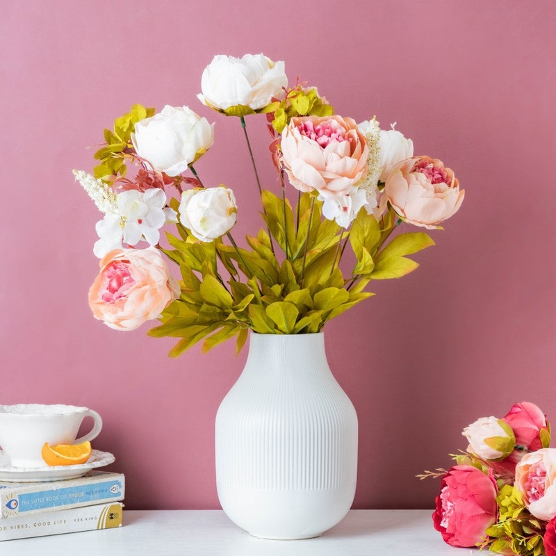 Faux Rose Bouquet Peach And White