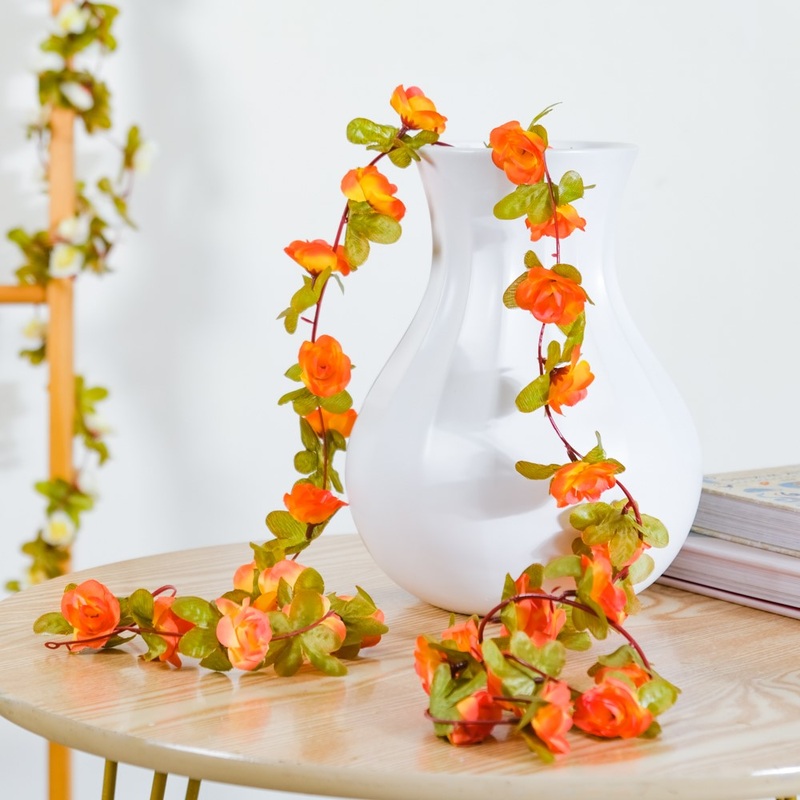 Faux Roses And Leaves Vine Orange