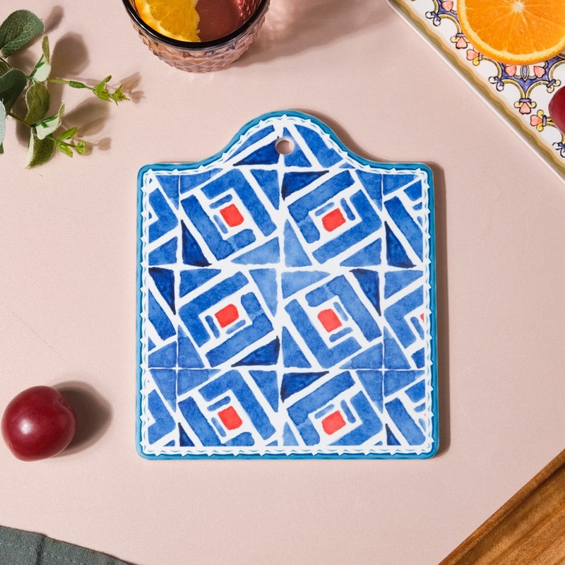 Geometric Hand Painted Patterned Platter Blue 7 Inch