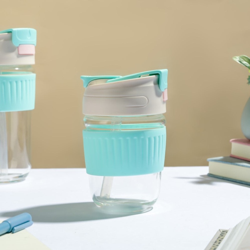 Glass Tumbler With Dual Flip Lid Blue 350ml