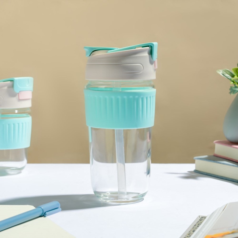 Glass Tumbler With Dual Flip Lid Blue 450ml