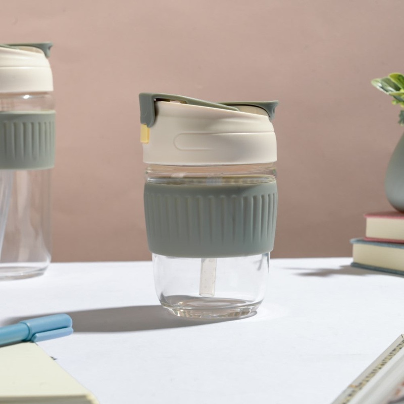 Glass Tumbler With Dual Flip Lid Grey 350ml