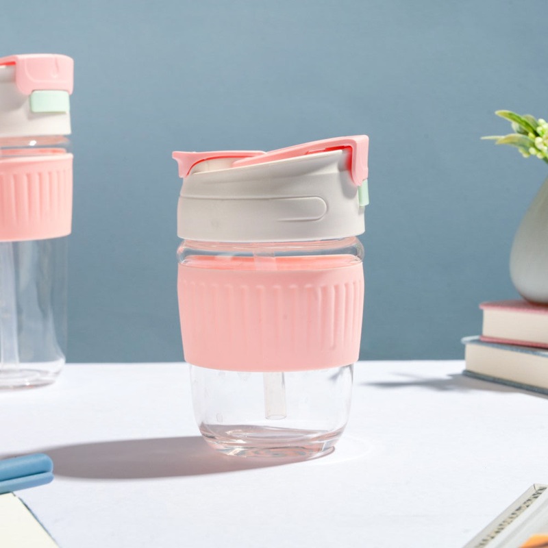 Glass Tumbler With Dual Flip Lid Pink 350ml