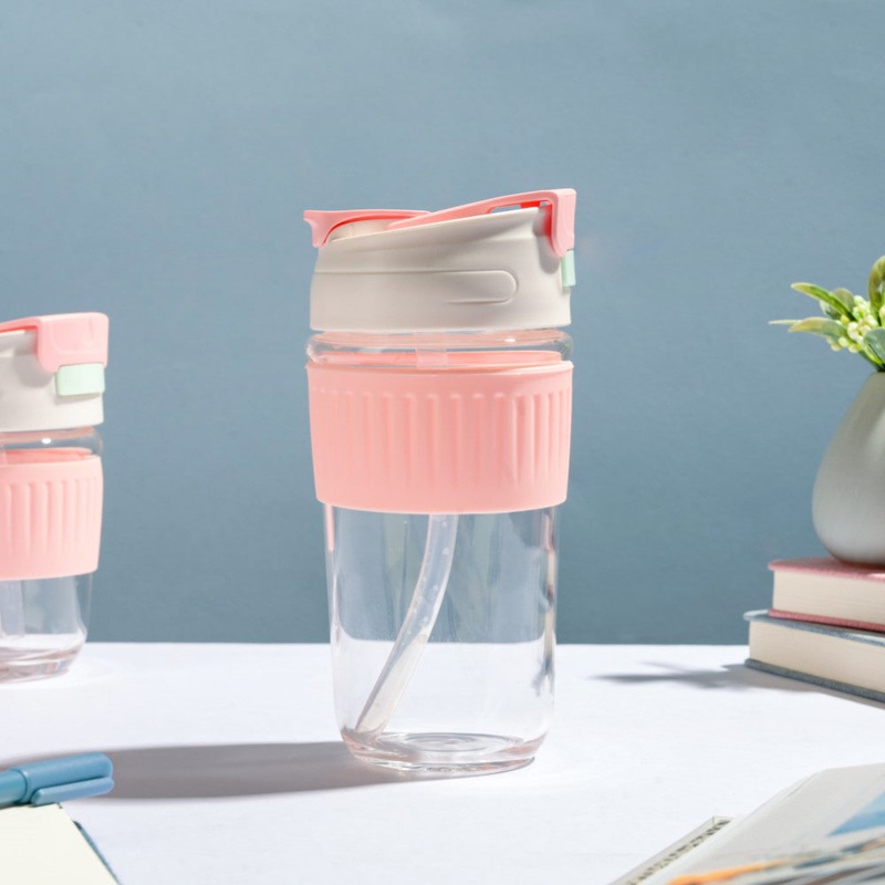 Glass Tumbler With Dual Flip Lid Pink 450ml