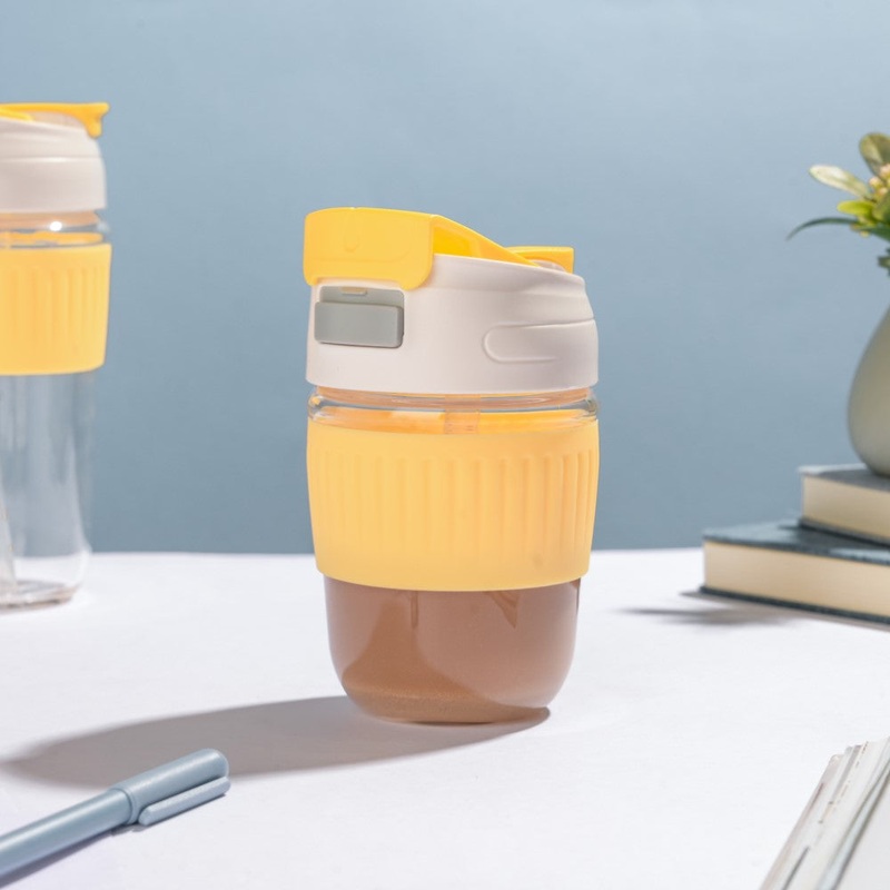 Glass Tumbler With Dual Flip Lid Yellow 350ml
