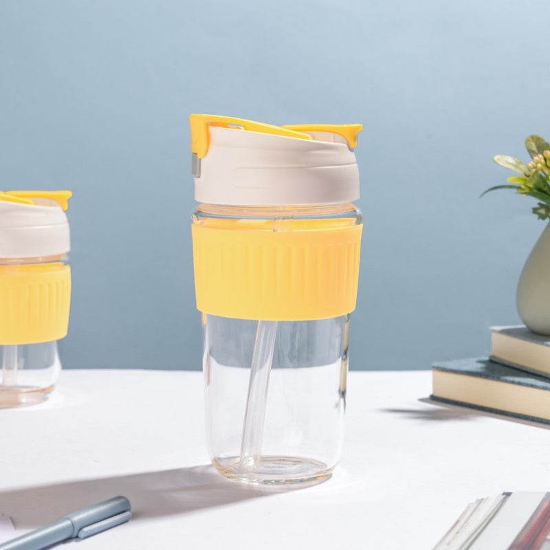 Glass Tumbler With Dual Flip Lid Yellow 450ml