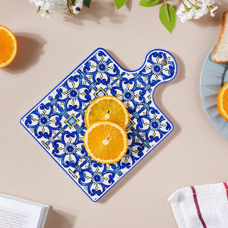 Moroccan Art Ceramic Platter With Handle Blue 9 Inch