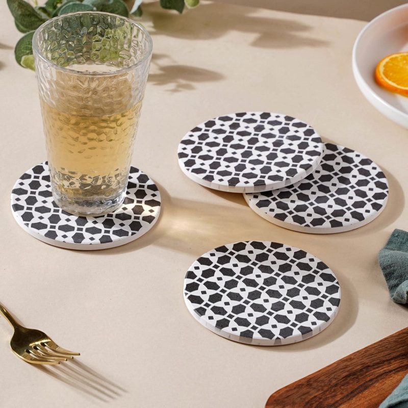 Moroccan Black And White Ceramic Coaster Set Of 4