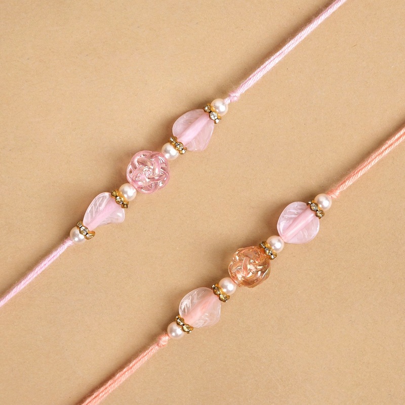 Peach and Pink Beaded Rakhi Set Of 2