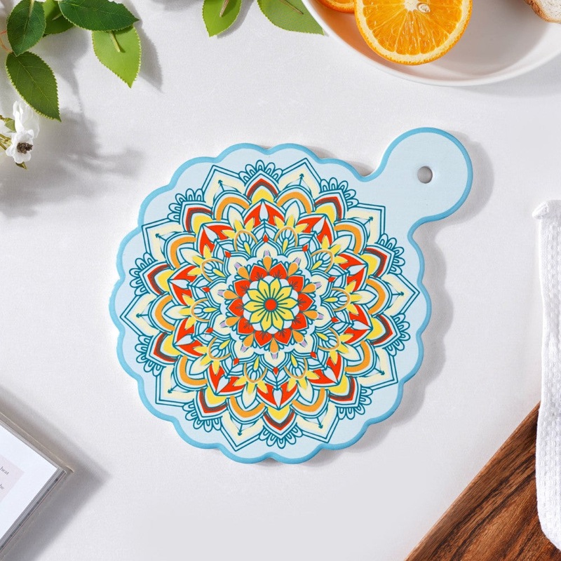 Round Mandala Platter With Handle Blue Yellow 8.5 Inch