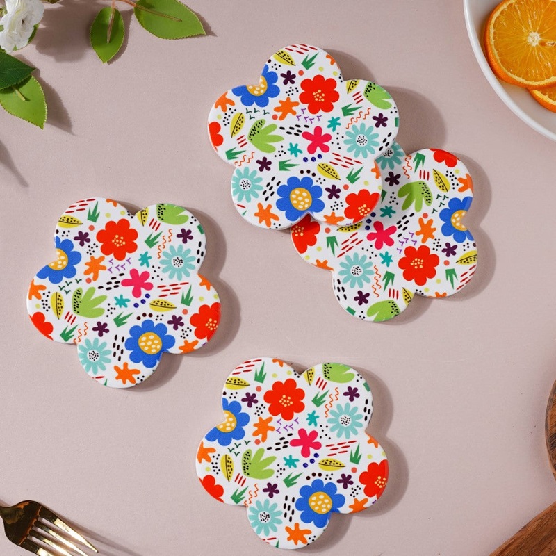 Springy Zest Flower Ceramic Coaster Set Of 4