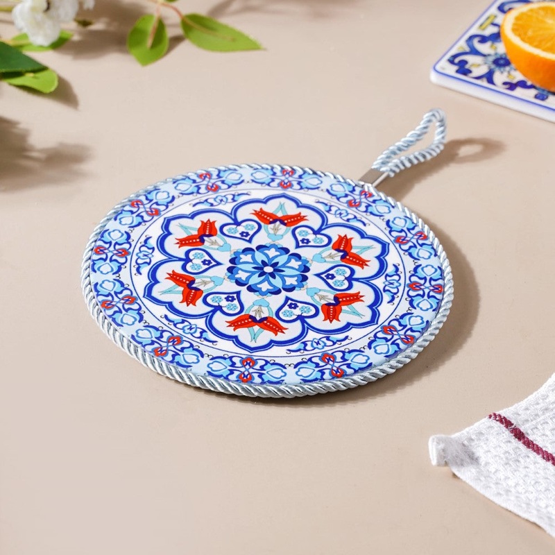 Zellij Art Round Ceramic Trivet With Rope Yellow And Blue 6 Inch