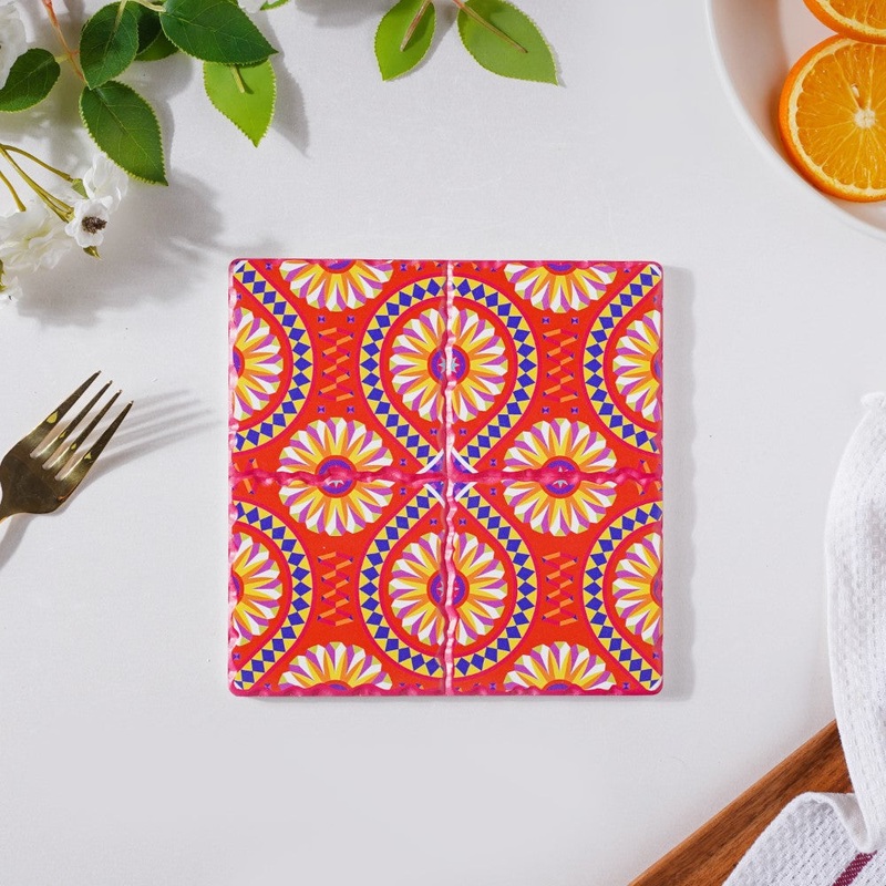 Zellij Art Square Ceramic Tiled Trivet Orange