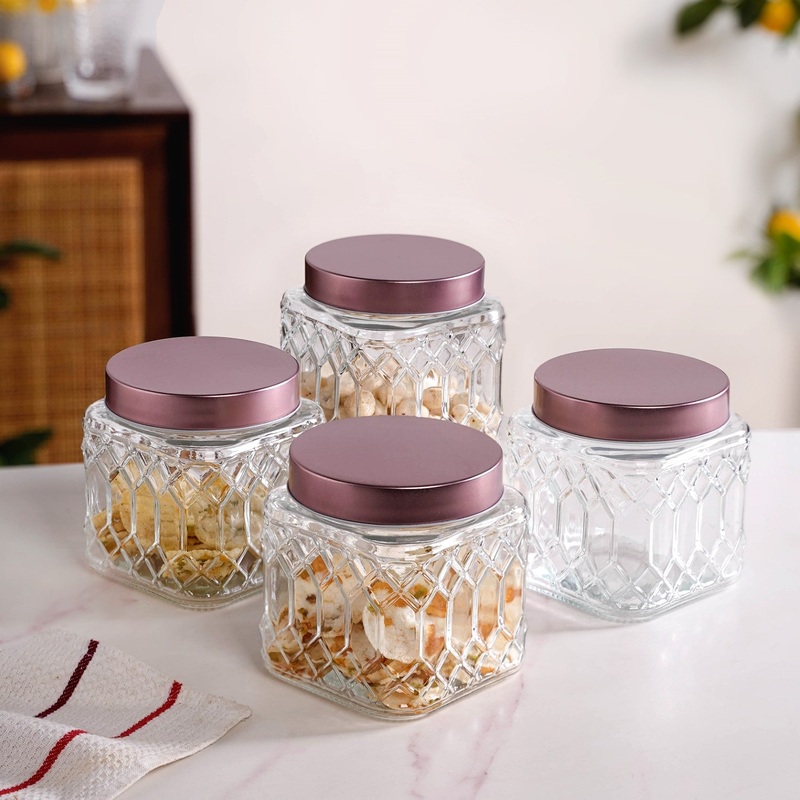 Set Of 4 Kitchen Square Glass Jars With Metal Lid 850ml